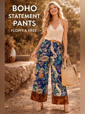 Umgee Boho Paisley Wide Leg Pants Navy Floral Elastic Waist Size M NWT